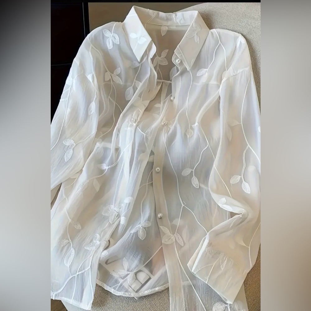 Elegant Sheer White Blouse with Leaf Embroidery